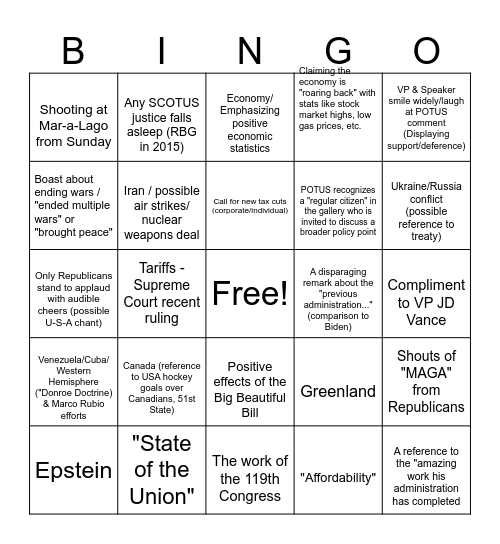 State of the Union 2026 Bingo Card