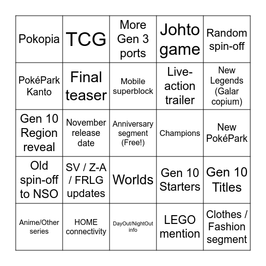 Pokémon Day 2026 Bingo Card