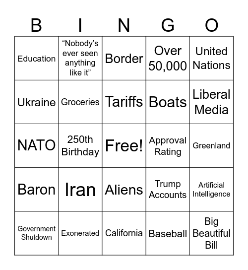 2026 State of the Union Bingo Card