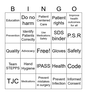 Patient Safety Week Bingo Card