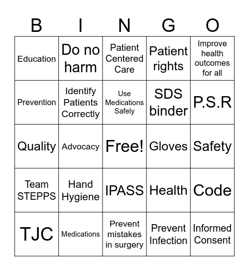 Patient Safety Week Bingo Card