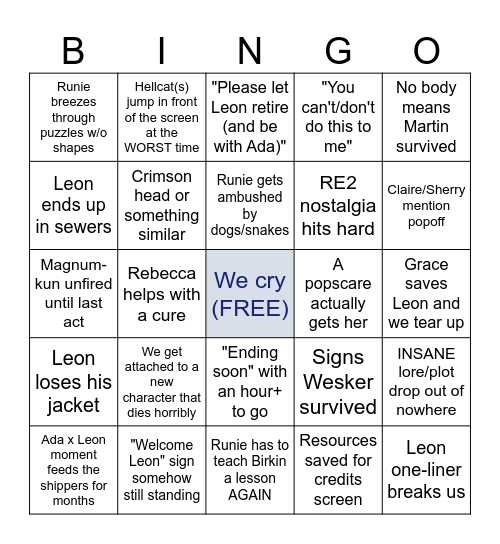 Runie Plays Resident Evil 9 Bingo Card