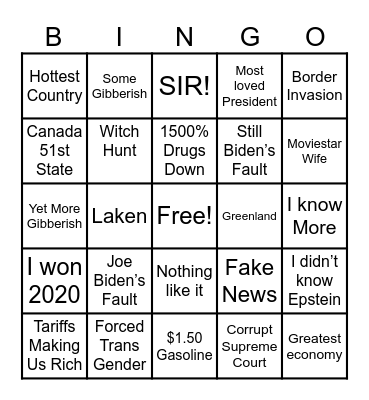 Idiot Trump’s State of the Union Address 2026 Bingo Card