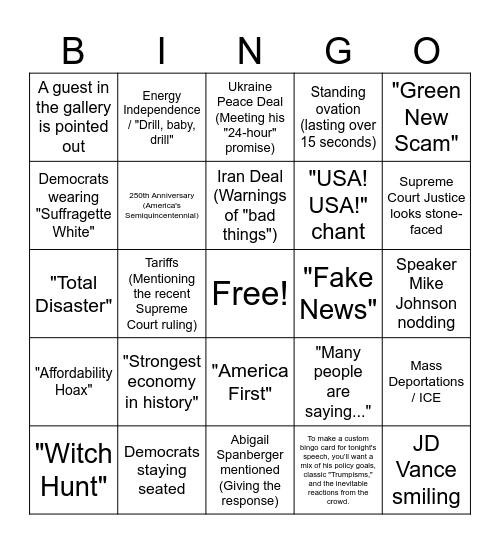 State Of The Union Bingo Card