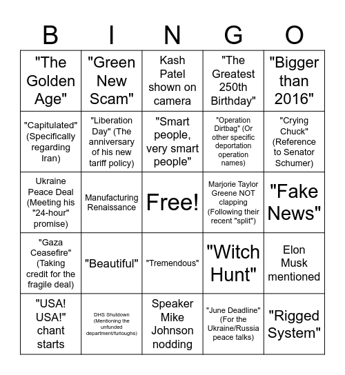 State Of The Union Bingo Card