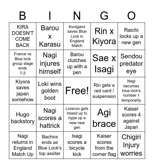 Blue Lock U-20 World Cup Bingo Card