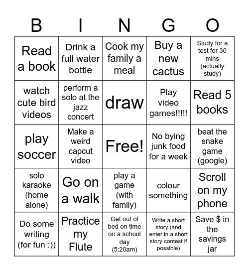 My Goals Bingo Card