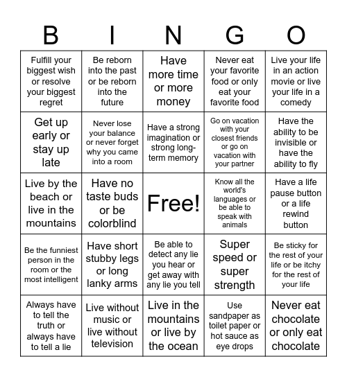 Would You Rather? Bingo Card