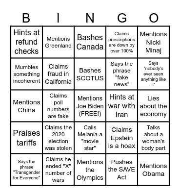 State of the Union Bingo Card