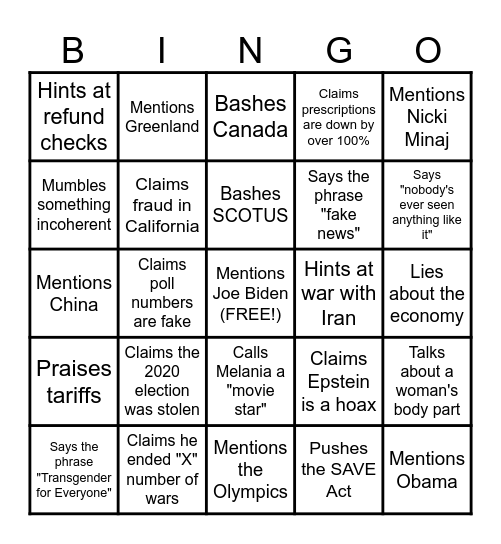 State of the Union Bingo Card