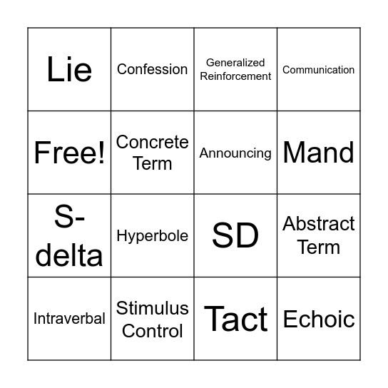 Stimulus Control Bingo Card