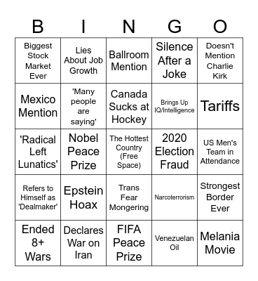 Trump State of the Union 2026 Bingo Card