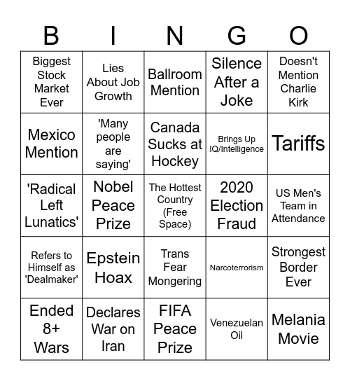 Trump State of the Union 2026 Bingo Card