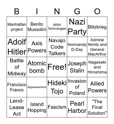 WWII Vocabulary Bingo Card