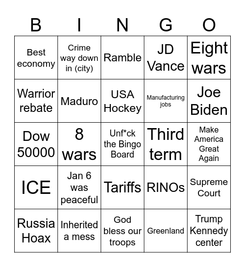 State of the union Bingo Card