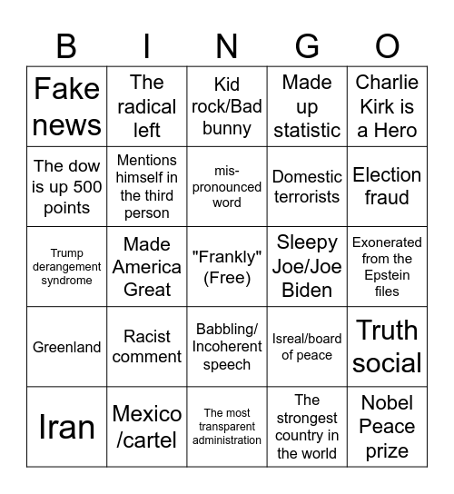 State of the union address Bingo Card