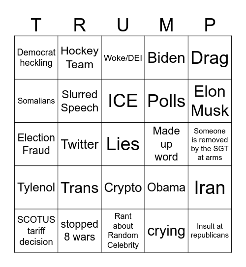 2026 State of the Union Bingo Card