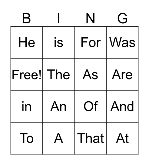 Sight Words Bingo Card