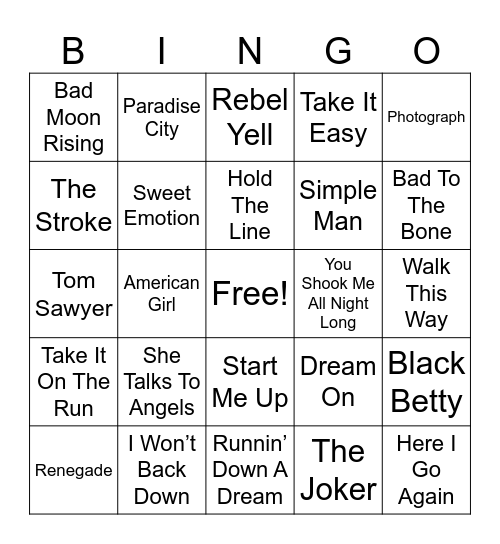 “Classic” Rock Bingo Card
