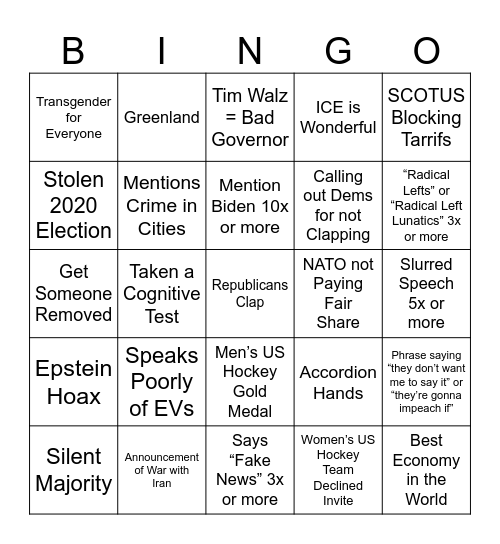 Trump’s State of the Union Bingo Card