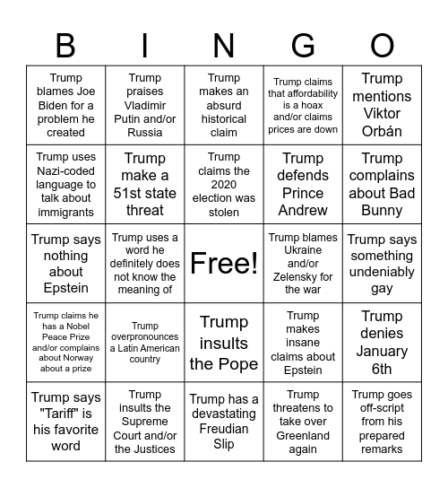 2026 State of the Union Bingo! Bingo Card