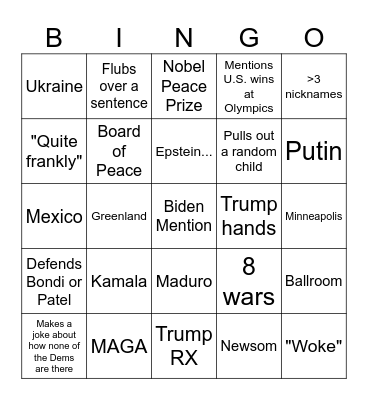 Trump SOTU 2026 Bingo Card