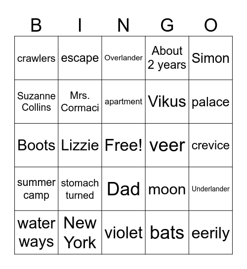 Gregor the Overlander Chap 1-5 Bingo Card