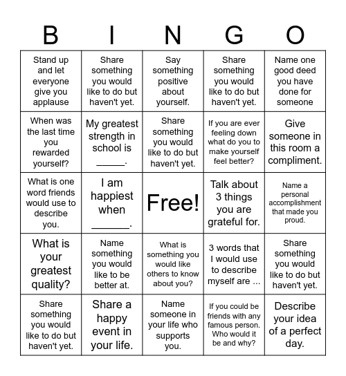 Self-Esteem Bingo! Bingo Card