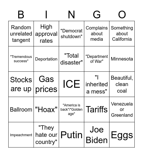 Trump State of the Union Bingo Card