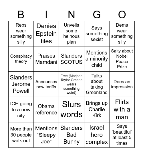 State of the Union Bingo Card