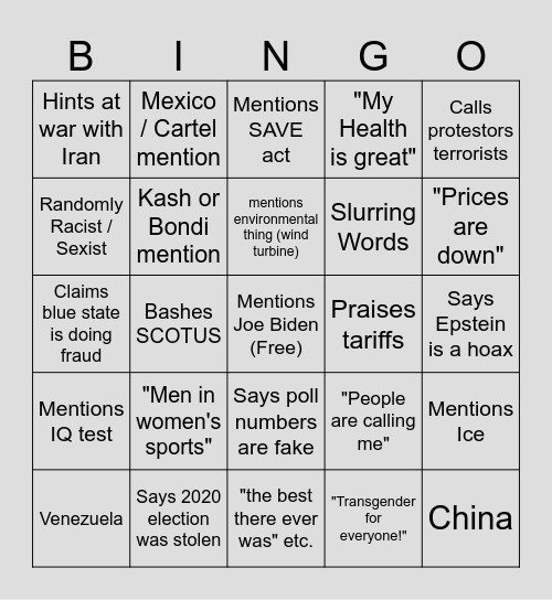 State of the Union 2026 Bingo Card