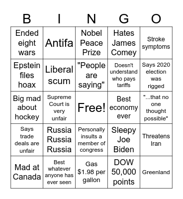 Trump SOTU 2026 Bingo Card