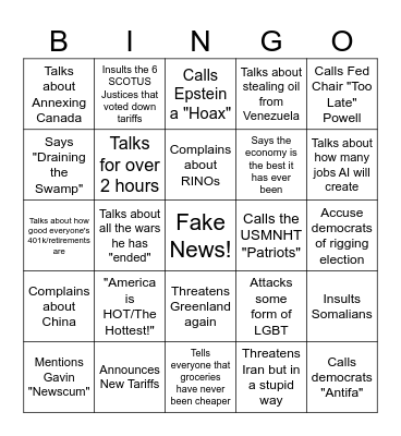 SOTU Trump Bingo Card