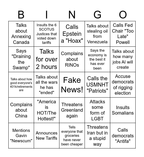 SOTU Trump Bingo Card