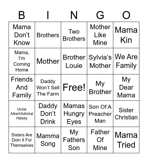 All About Family Bingo Card
