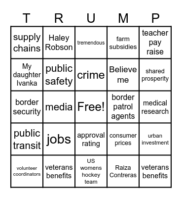 President Trump's State of the Union Address Bingo Card