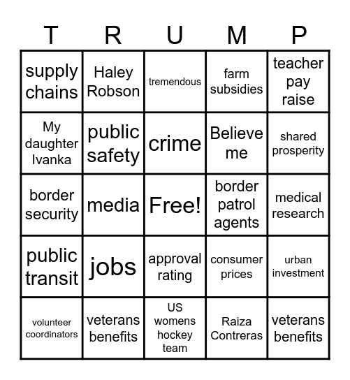 President Trump's State of the Union Address Bingo Card