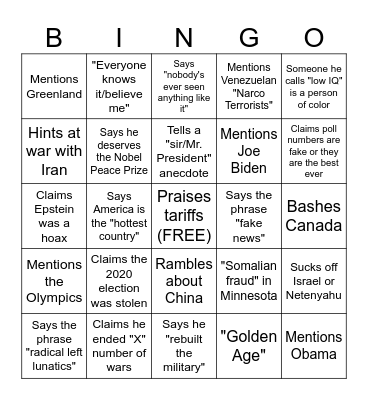 State of the Union Bingo 2026! Bingo Card