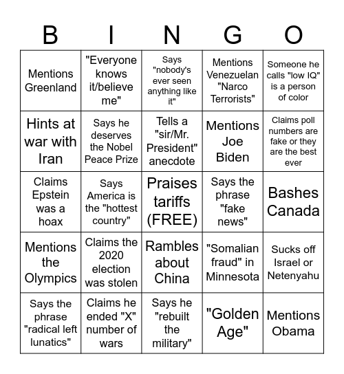 State of the Union Bingo 2026! Bingo Card