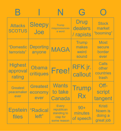 State of the Union Address Bingo Card