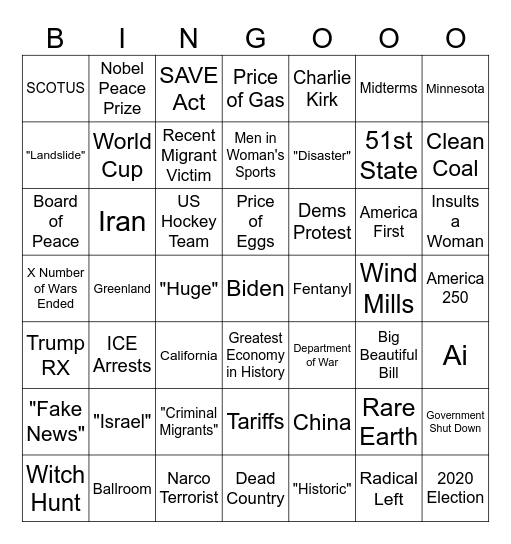 State of the Union 2026 Bingo Card
