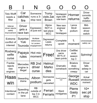 F1 2026 Bingo Card