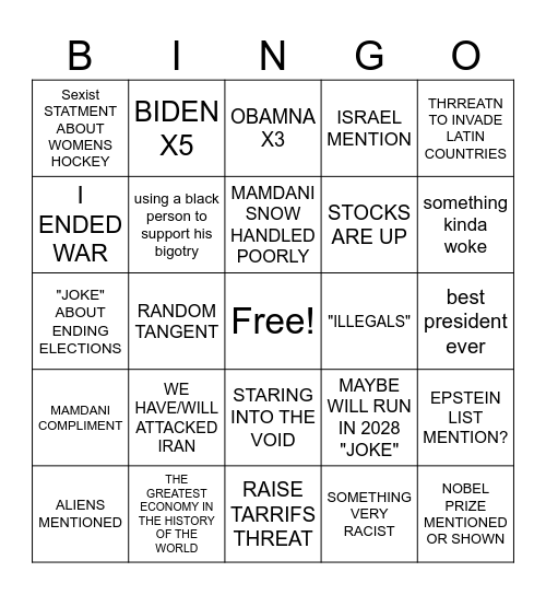 TRUMP STATE OF THE UNION BINGO Card