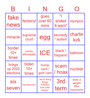 State of the Union 2026 Bingo Card