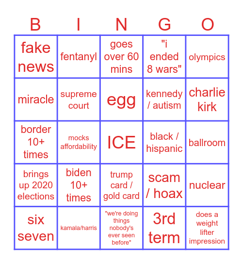 State of the Union 2026 Bingo Card