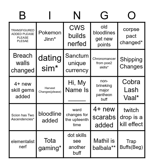 Poe 3.28 Bingo Card