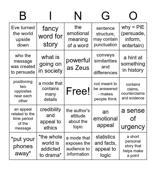 Rhetoric Review Bingo Card