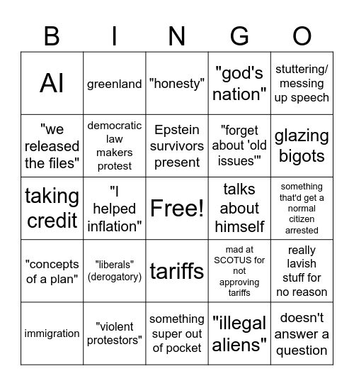 State of the Union 2026 Bingo Card