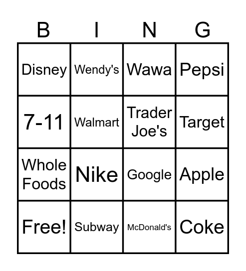 ASL Brand Names Bingo Card