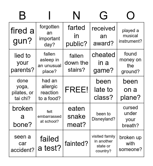 Have You Ever? Bingo Card